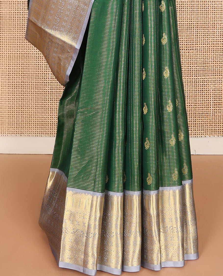 Green zari design vasundhara silk mix saree, contrast border of kathir, zari stripes, manga mokku,poun & kodi visiry & chakram design pallu