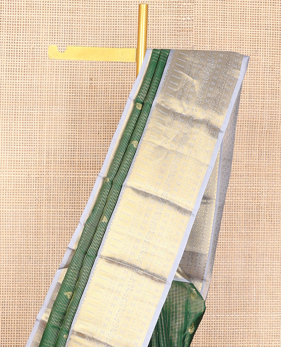 Green zari design vasundhara silk mix saree, contrast border of kathir, zari stripes, manga mokku,poun & kodi visiry & chakram design pallu