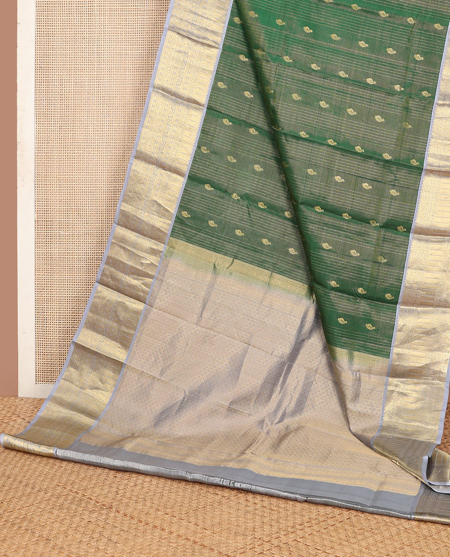 Green zari design vasundhara silk mix saree, contrast border of kathir, zari stripes, manga mokku,poun & kodi visiry & chakram design pallu