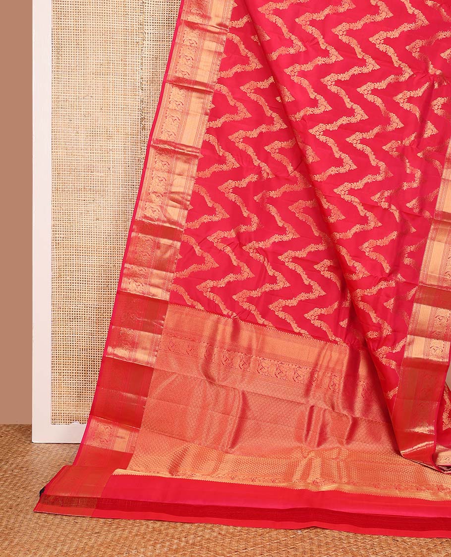 Red jacquard Vasundhara silk mix saree, zari border of thilakam mokku, neli, mayil kann, and mayil designs, and jaal pallu