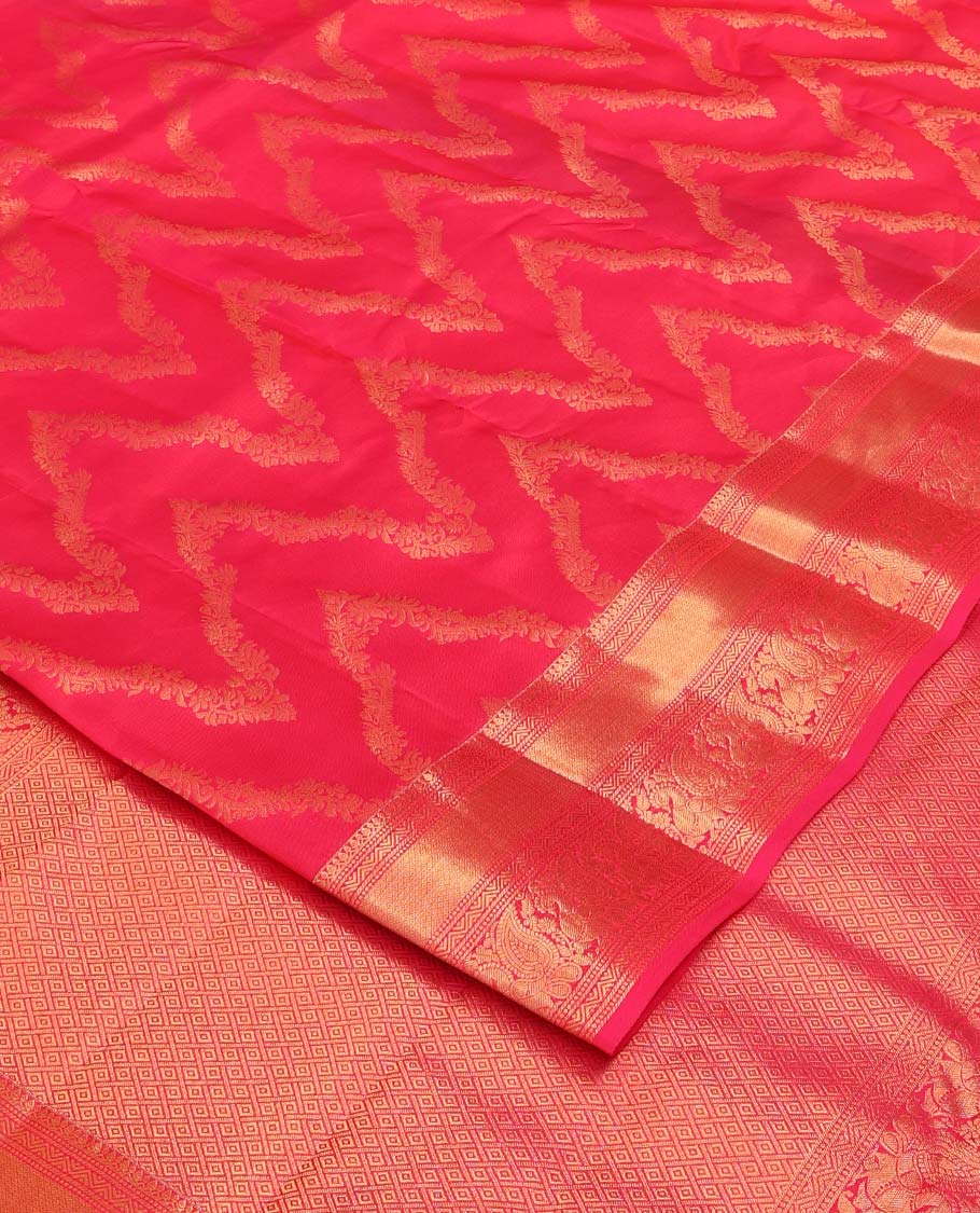 Red jacquard Vasundhara silk mix saree, zari border of thilakam mokku, neli, mayil kann, and mayil designs, and jaal pallu