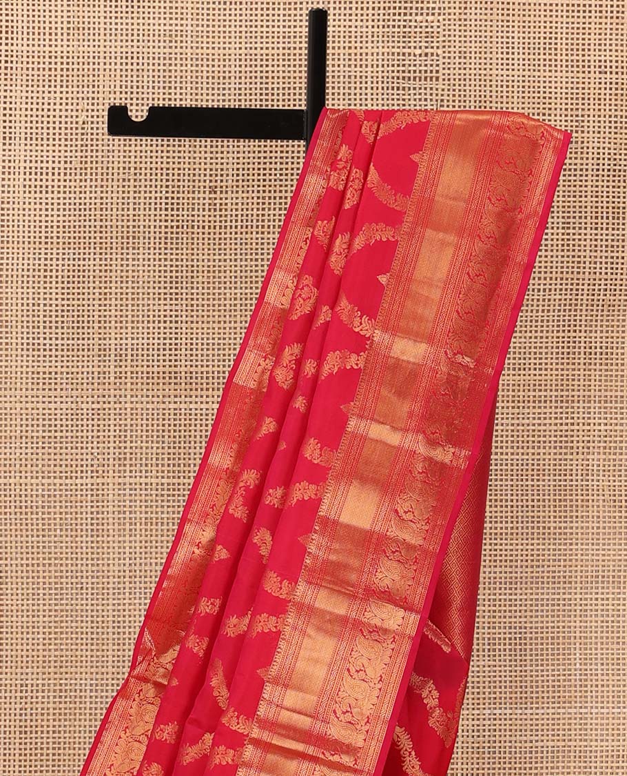Red jacquard Vasundhara silk mix saree, zari border of thilakam mokku, neli, mayil kann, and mayil designs, and jaal pallu