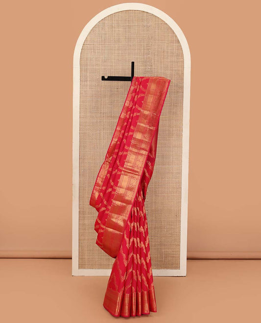 Red jacquard Vasundhara silk mix saree, zari border of thilakam mokku, neli, mayil kann, and mayil designs, and jaal pallu