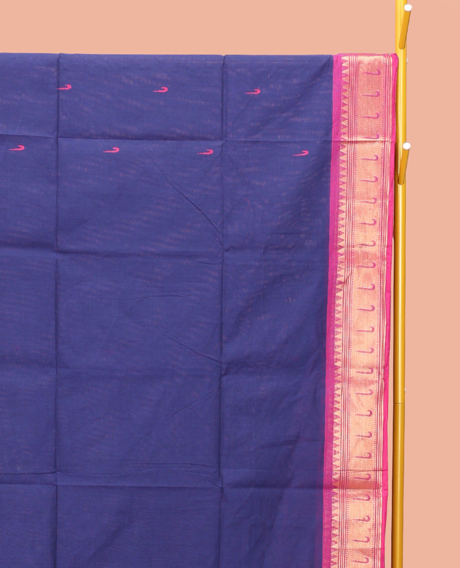 Dark Blue Chettinad Cotton Saree, Steeped with Muniya Buttas On Its Body, Complemented by a Contrast Traditional Muniya Border, Pallu of Stripes, and Paired with a Matching Blouse