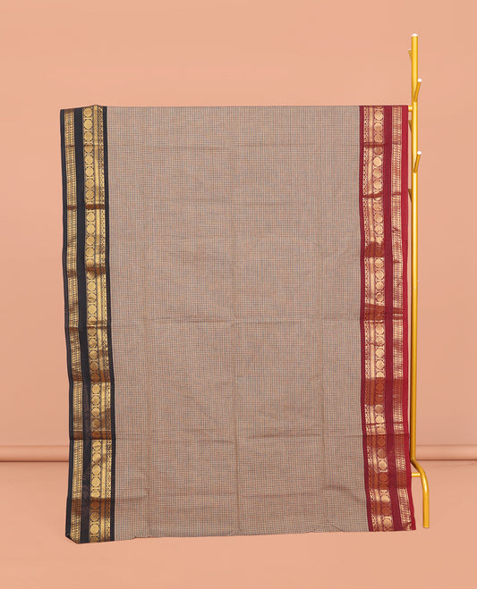 Grey Chettinad Cotton Saree, Subtly Sparkled with Checks, Contrast Rettai Pettu Traditional Rettai Pettu Border, Striped Pallu, and a Matching Blouse