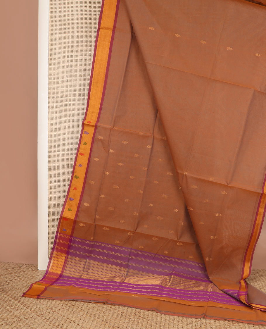 Pale brown zari buttas Venkatagiri cotton saree, contrast meena buttas border & pallu of zari stripes