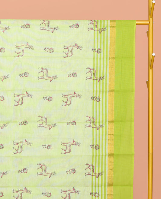 Green Chirala Cotton Saree, Elevated with Floral and Deer Motifs, a Contrast Deer Motifs Border, Striped Pallu, and a Matching Blouse