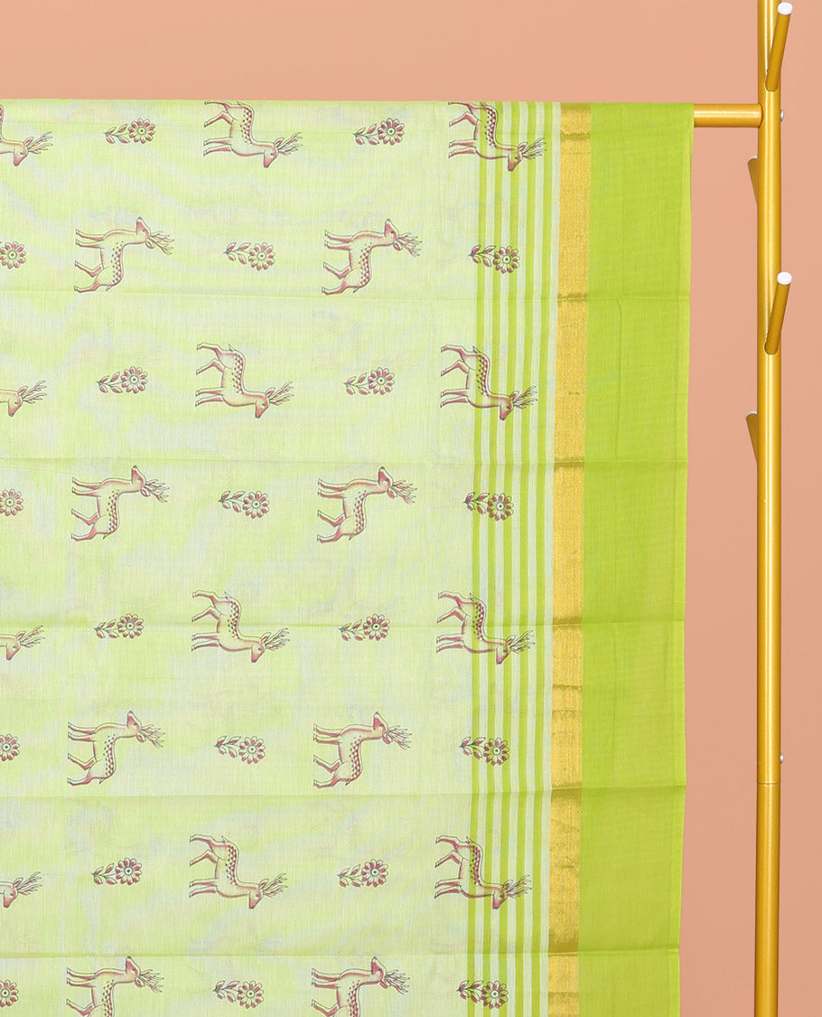Green Chirala Cotton Saree, Elevated with Floral and Deer Motifs, a Contrast Deer Motifs Border, Striped Pallu, and a Matching Blouse