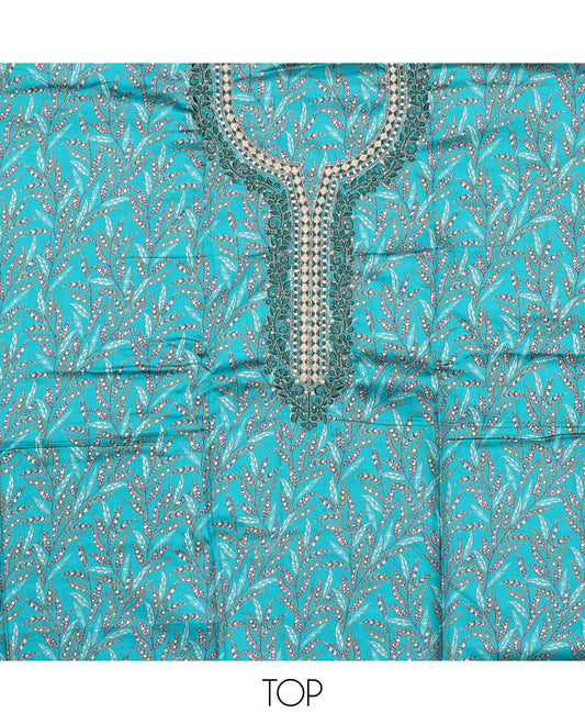 Blue Cotton Material Chudidar Set, Beautified with Leaf Motifs Print, and Embroidery on Its Cotton Top, a Plain Cotton Bottom, and Paired with Sequins Striped Dupatta