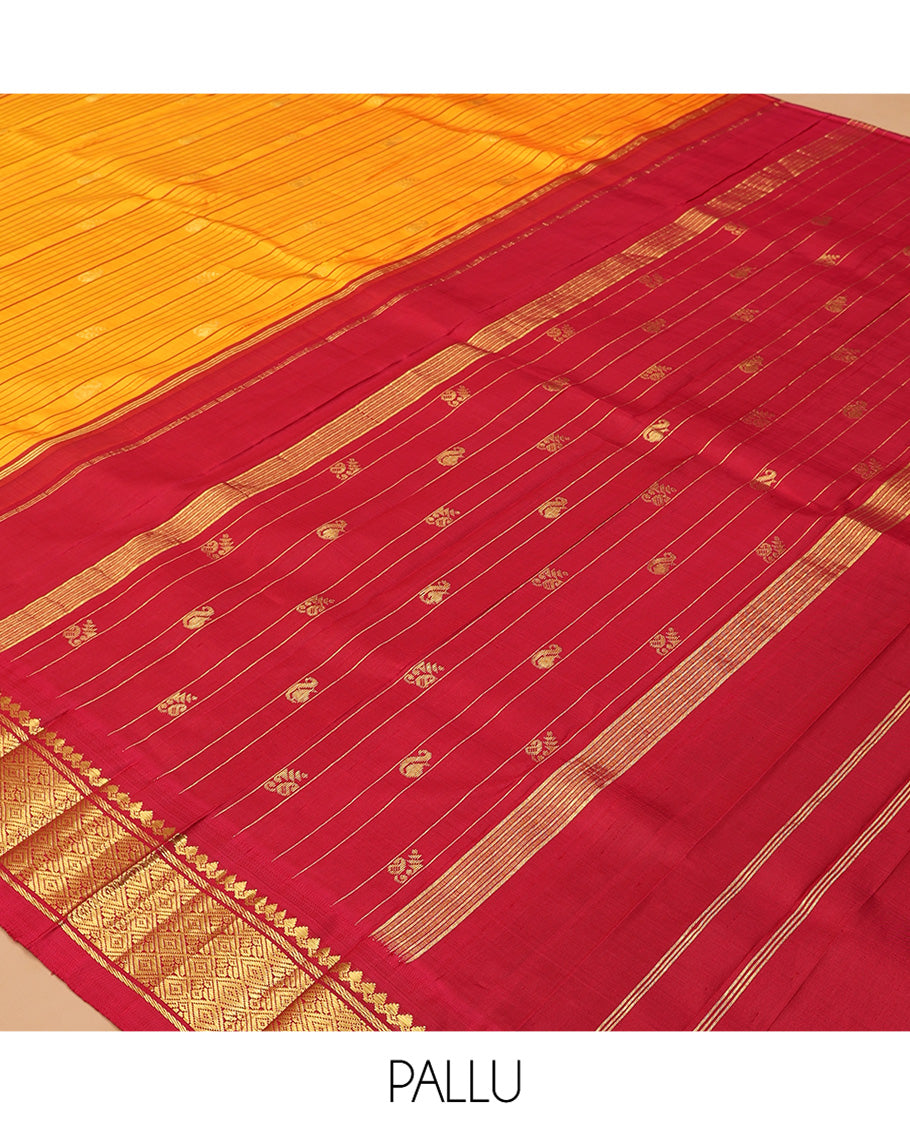 Orange Striped Kanchipuram Silk Saree, Woven with Zari Buttas, Complemented by a Contrast Korvai Border of Thilakam Mokku, Banaras, Muthu, and Jaal Design, Zari Design Pallu, and No Blouse