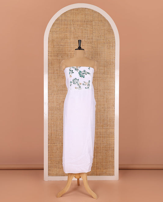 White-green material chudidar set, floral vine printed with orginal mirror work Vichitra silk top, a matching bottom, and a floral vine printed georgette dupatta