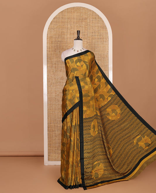 Mustard geometric patterns printed Turkey crepe saree, contrast printed piping border, printed pallu, and printed blouse