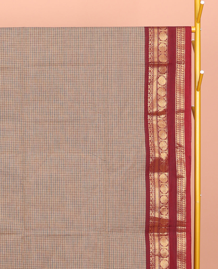 Grey Chettinad Cotton Saree, Subtly Sparkled with Checks, Contrast Rettai Pettu Traditional Rettai Pettu Border, Striped Pallu, and a Matching Blouse