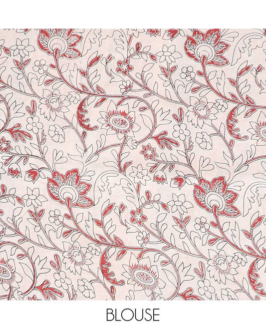 Blue floral vine machine-printed kalamkari cotton saree, contrast geometric border & intricate motifs pallu