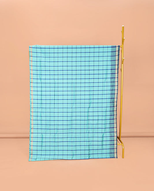 Blue Checked Poly Cotton Saree, Highlighted by a Self-Border, Contrast Zari Striped Pallu, and Paired with a Contrast Blouse