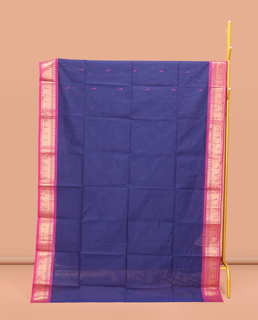 Dark Blue Chettinad Cotton Saree, Steeped with Muniya Buttas On Its Body, Complemented by a Contrast Traditional Muniya Border, Pallu of Stripes, and Paired with a Matching Blouse