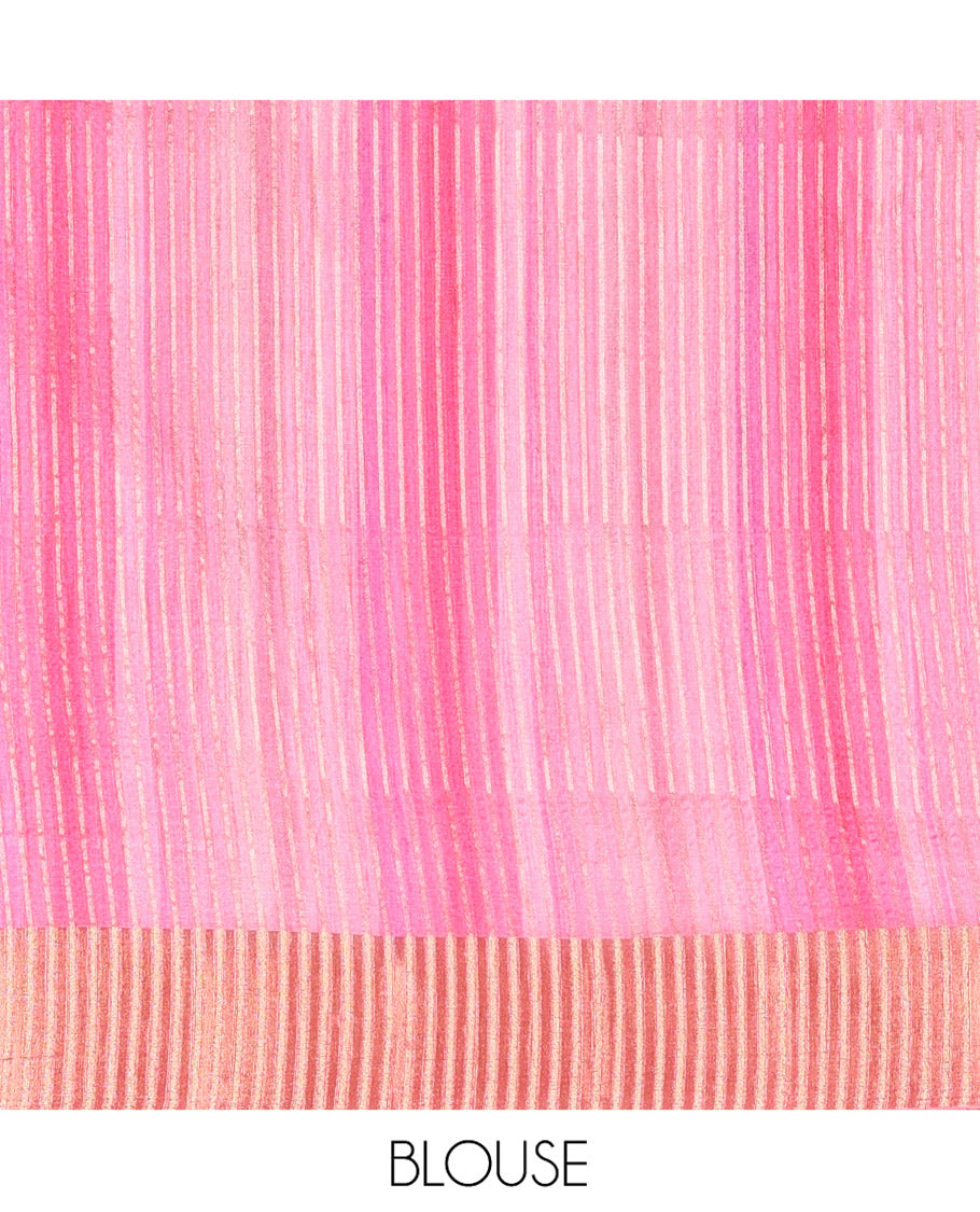 Pink Plain Fancy Tussar Saree, Highlighted by a Zari Bavanji Handbrush Painting-Style Striped Border, Striped Pallu, and Paired with a Matching Blouse
