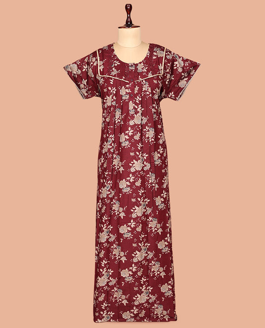 Maroon Half Sleeve Cotton-Blended Nighty