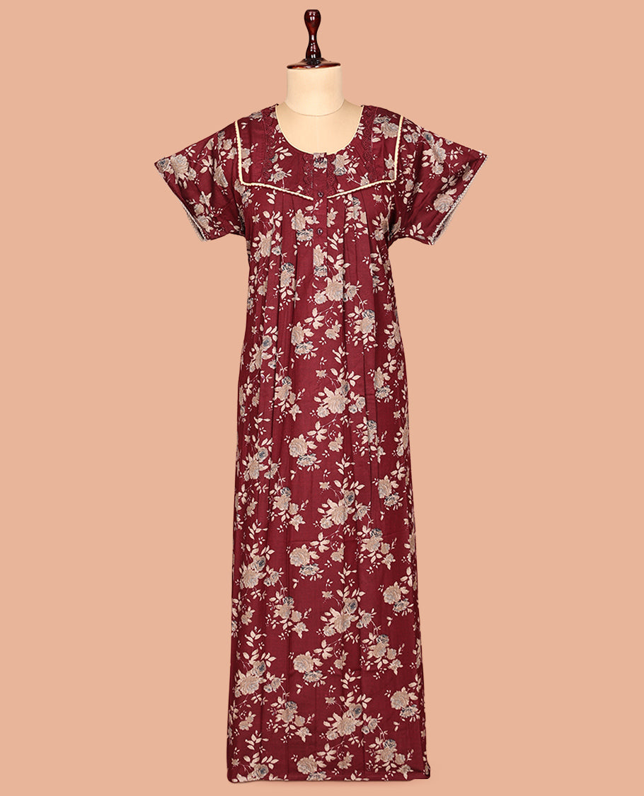 Maroon Half Sleeve Cotton-Blended Nighty
