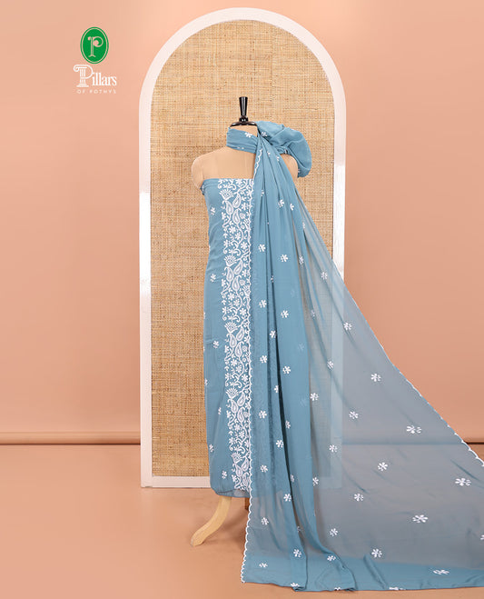 Ferozi Blue Material Chudidar Set Featuring Chikankari-Style Paisley Vine Design, Thread-Embroidered Georgette Top, Subtly Made Plain Santoon Material Bottom, and a Floral Motifs-Embroidered Georgette Scallop-Bordered Dupatta