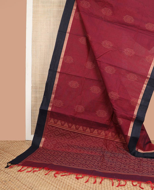Maroon ikkat style floral design coimbatore cotton saree with contrast border & argyle design pallu