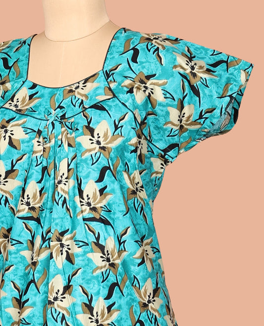 Blue Floral Cotton-Blended Nighty
