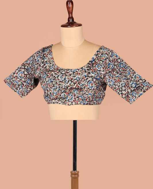 Black Readymade Blouse Detailed with Floral Vine Print, Featuring Front Round Neck, Back Round Neck, and Elbow Sleeves