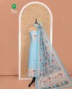 Blue Material Churidar Set, Sparsely Woven with Buttas and Pichwai Cow Printed Semi-Linen Top, Comes with a Contrast Plain Santoon Bottom, Santoon Dupatta of Unique Pichwai and Human Figurines Print
