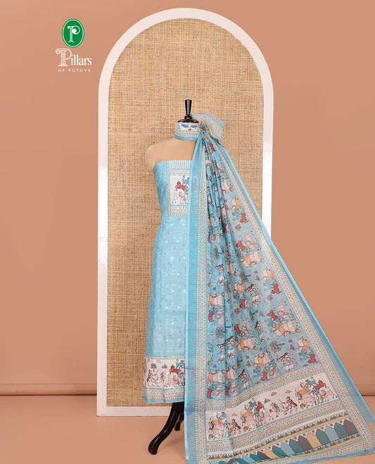 Blue Material Churidar Set, Sparsely Woven with Buttas and Pichwai Cow Printed Semi-Linen Top, Comes with a Contrast Plain Santoon Bottom, Santoon Dupatta of Unique Pichwai and Human Figurines Print