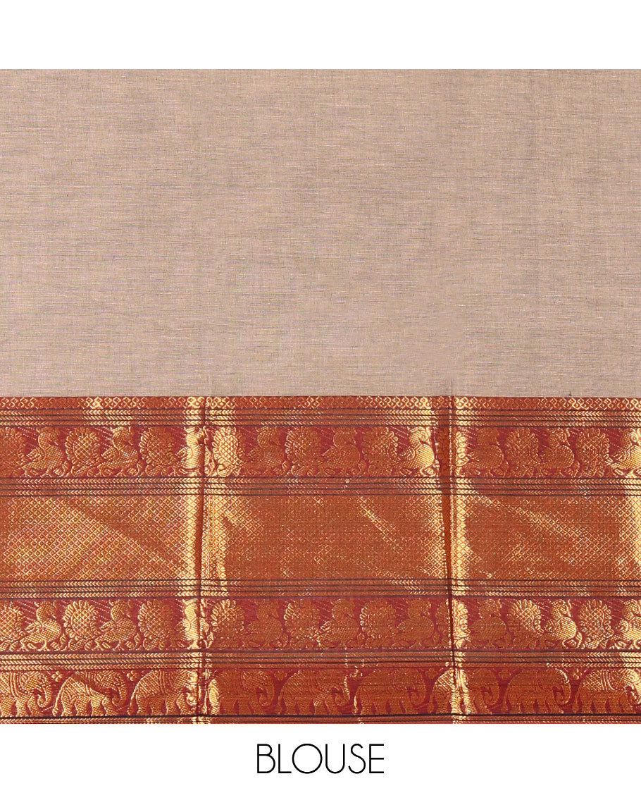 Beige Plain Chettinad Cotton Saree, Complemented by Contrast Traditional Zari Border of Peacock and Elephant Designs, Zari Striped Pallu, and Paired with a Matching Blouse