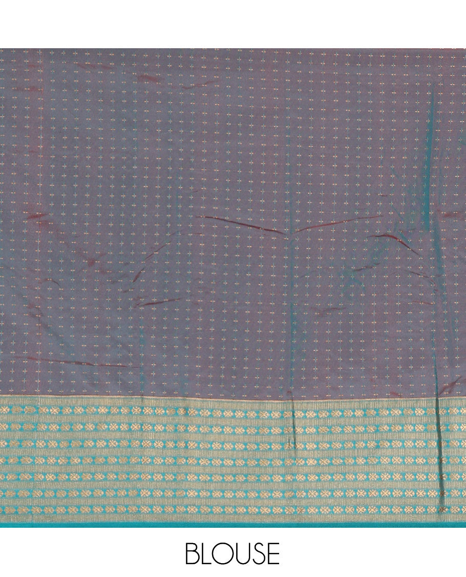 Pink Semi-Soft Silk Saree, Adorned with Plus-Shaped Buttas, Complemented by a Contrast Border, Striped Pallu, and a Contrast Blouse
