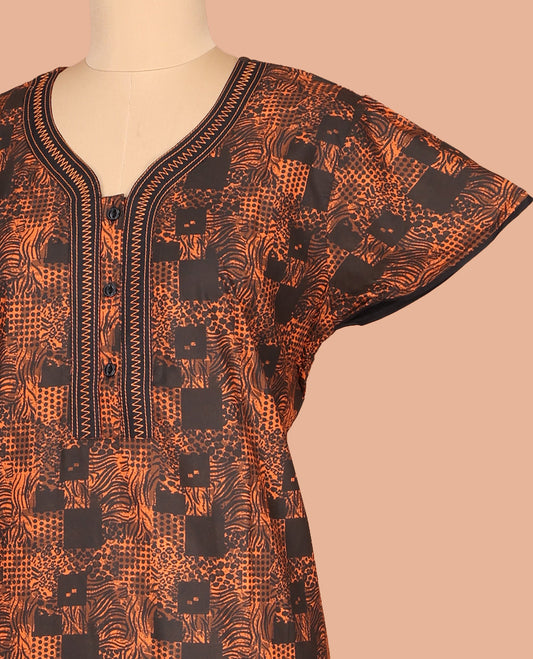 Orange Cotton Nighty Delicately Printed with Floral-Geometric, Featuring Lace Work, Unique Front Neck, and Half  Sleeves