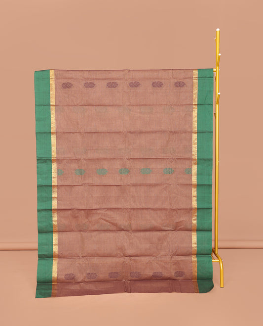 Brown Kanchi Cotton Saree, Bedecked with Buttas All Over Its Body, Complemented by a Contrast Border, Pallu of Paisley, Floral and Checks, and Paired with a Matching Blouse