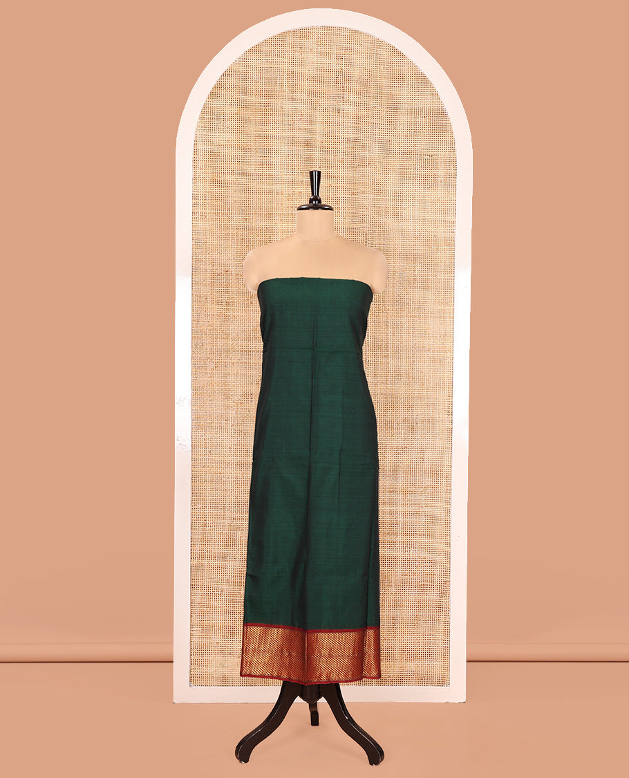 Bottle Green Mercerised Cotton Material Churidar Set, Subtly Made with Plain and Traditional Ara Maadam Bordered Top, Comes with a Plain Mercerised Cotton Bottom, and Is Paired with a Mercerised Cotton Ara Maadam Woven Dupatta
