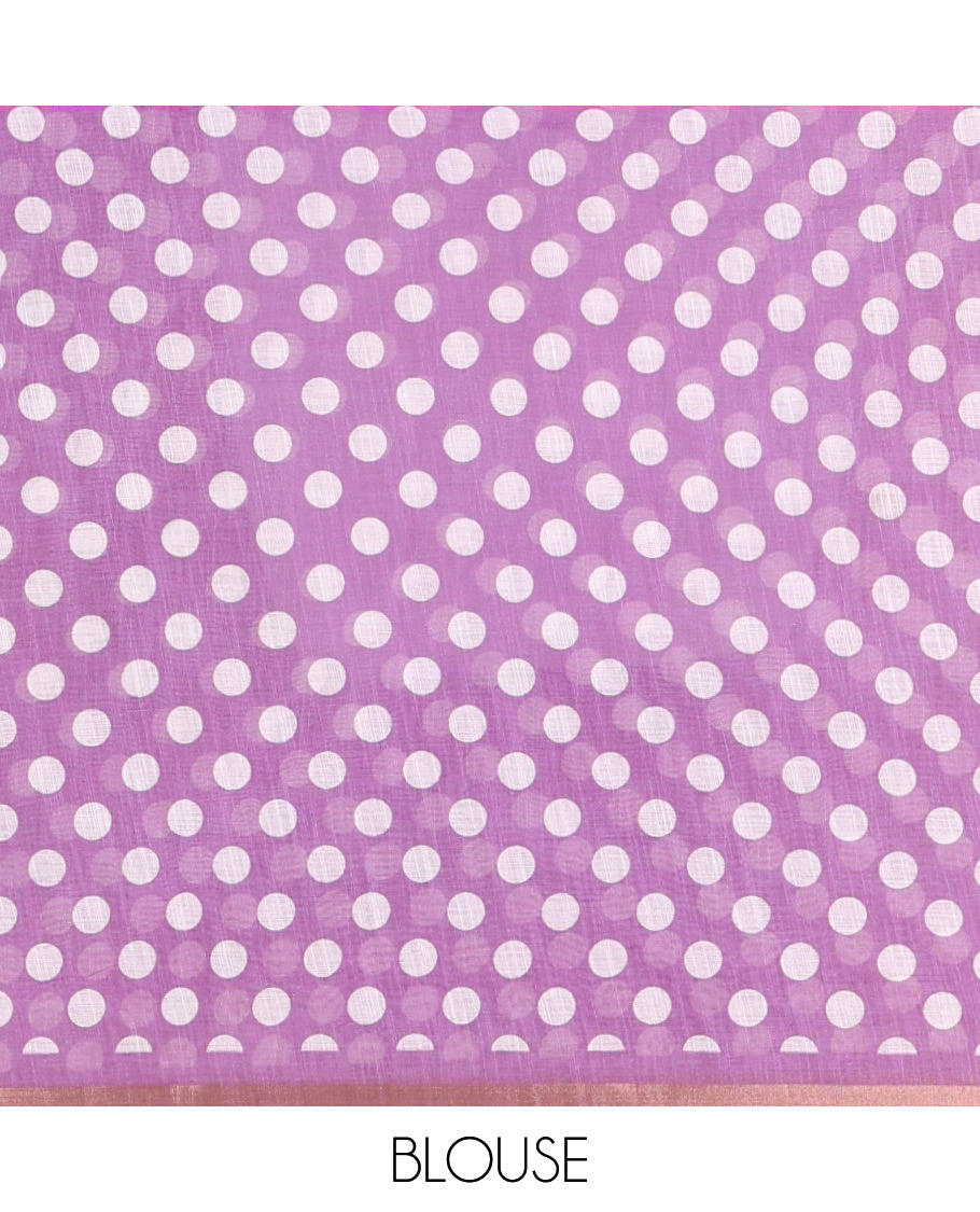 White-Lavender Linen Cotton Saree, Steeped with Polka Dot Enclosed Crane Motifs on Its Body, Subtle Piping Border, Pallu Pictures Polka Dot Enclosed Crane Motifs, and Paired with a Matching Blouse