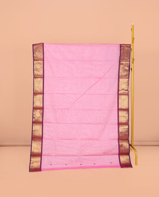 Pink Chettinad Cotton Saree, Subtly Sparkled with Buttas All Over Its Body, Complemented by Contrast Traditional Zari Design Border, Pallu of Stripes and Buttas, and Paired with a Matching Blouse