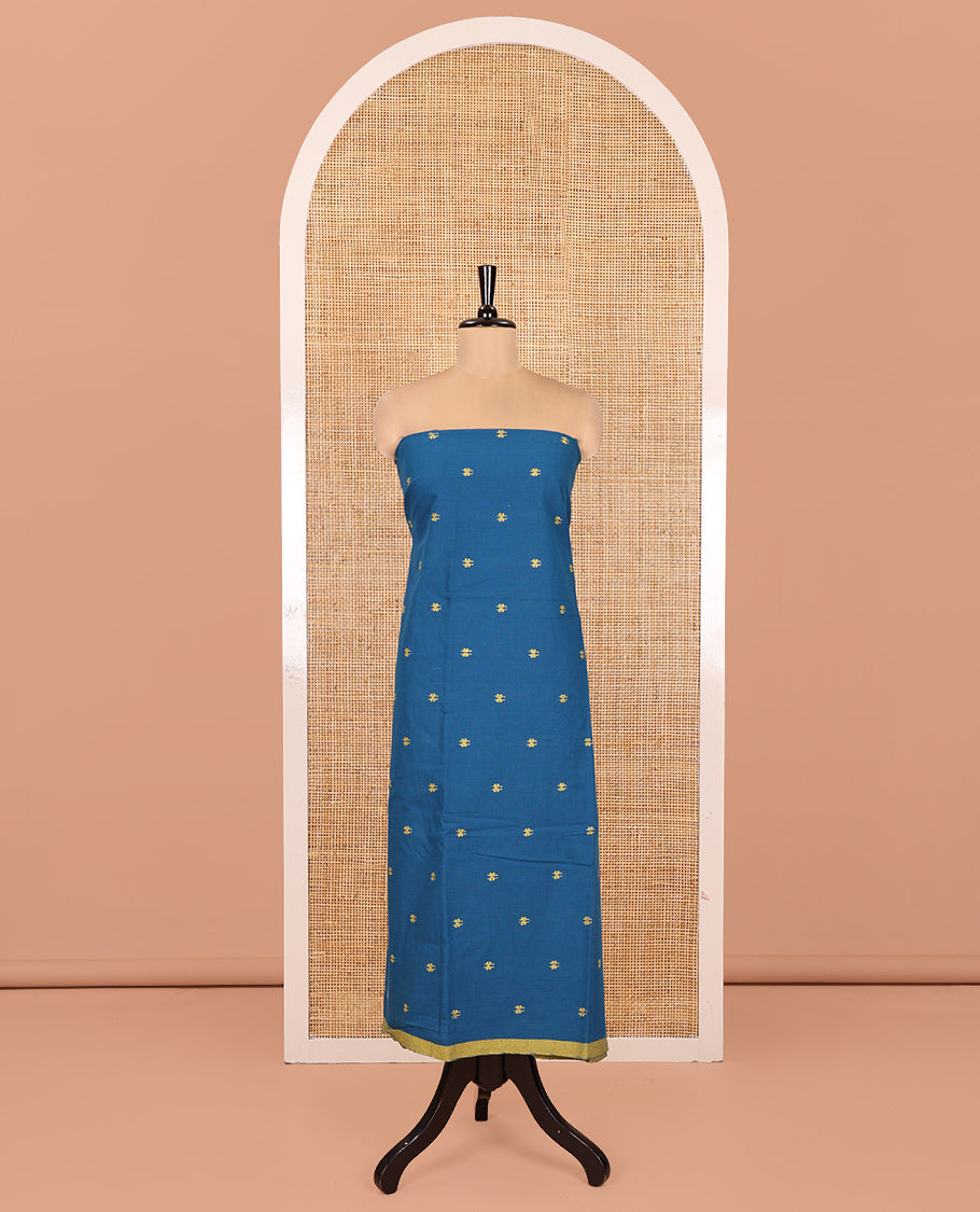 Peacock Blue Handloom Cotton Material Chudidar, Buttas Woven Top, a Plain Bottom, and Contrast Dupatta