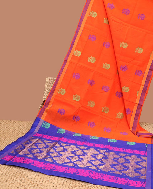 Orange kuppadam cotton saree with floral buttas, contrast border & pallu of floral & peacock designs