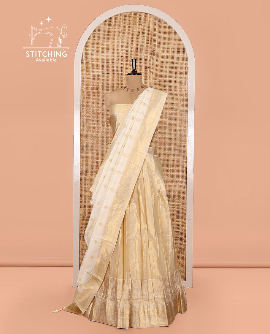Gold Half-Saree Set Featuring Golden Tissue-Silk Skirt, Traditional Zari Border, Matching Blouse, Semi-Banarasi Dhavani