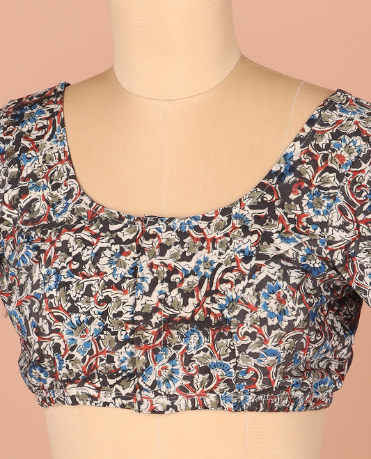 Black Readymade Blouse Detailed with Floral Vine Print, Featuring Front Round Neck, Back Round Neck, and Elbow Sleeves
