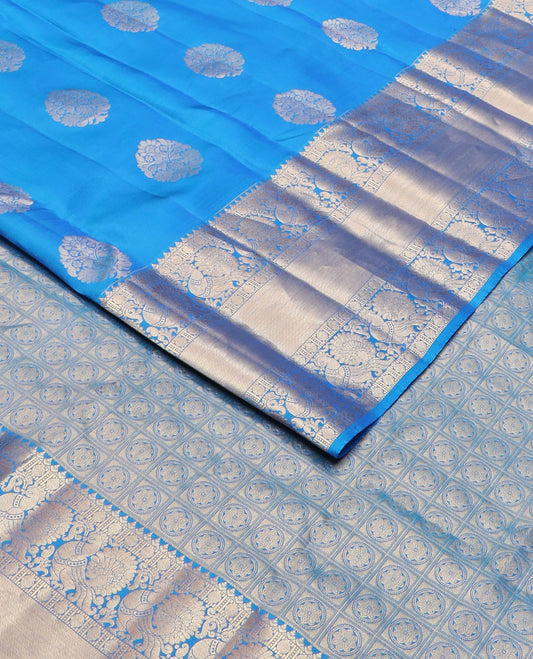 Blue floral buttas vasundhara silk mix saree, chakram butta enclosed checked pallu & border of paisa & mayil designs