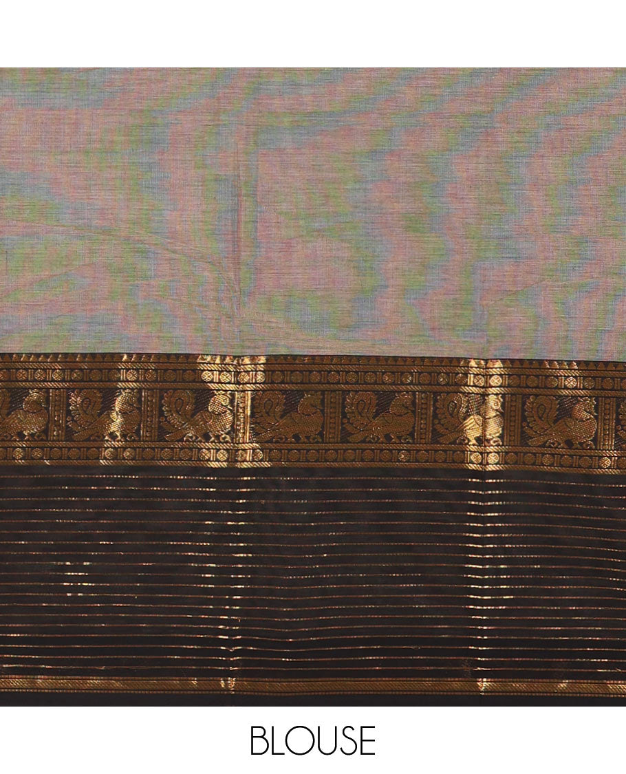 Grey plain chettinad cotton saree, contrast traditional zari border of peacock motifs, striped pallu, and a matching blouse