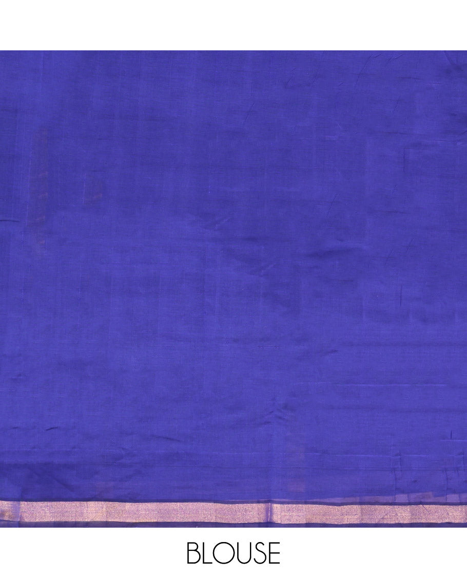 Blue Checked Poly Cotton Saree, Highlighted by a Self-Border, Contrast Zari Striped Pallu, and Paired with a Contrast Blouse