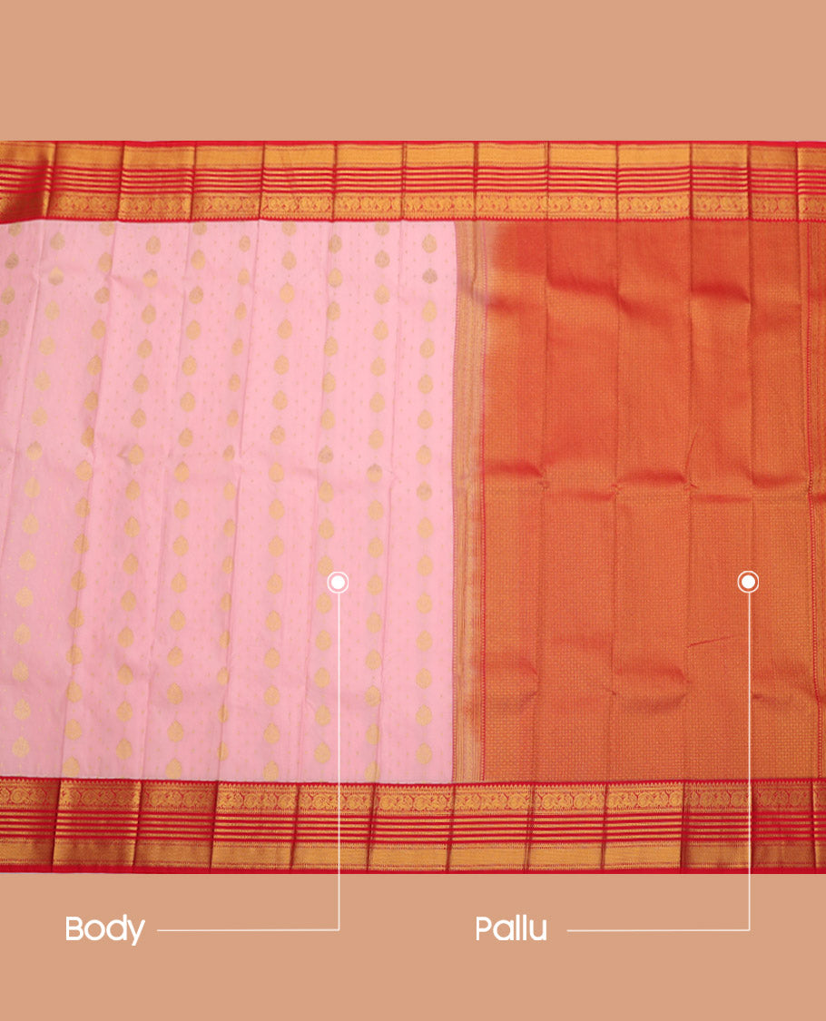 Pink Budget Silk Saree, Subtly Sparkled with Zari Buttas, Complemented by a Contrast Traditional Border, Grand Pallu, and a Contrast Blouse