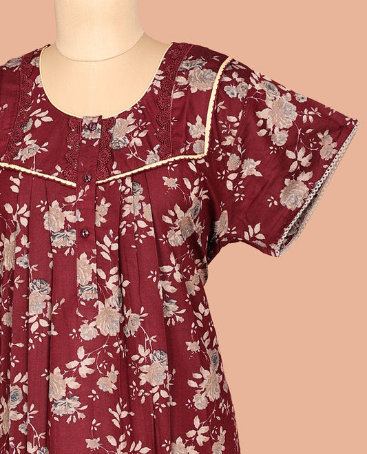 Maroon Half Sleeve Cotton-Blended Nighty