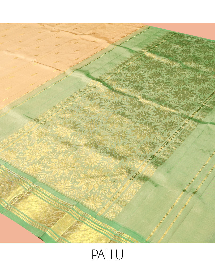 Sandal Kanchipuram Silk Saree Features Zari Buttas, a Contrast One-Sided Border of Paneer Sombu, Banaras, and Jaal Designs, Floral Design Pallu, and No Blouse