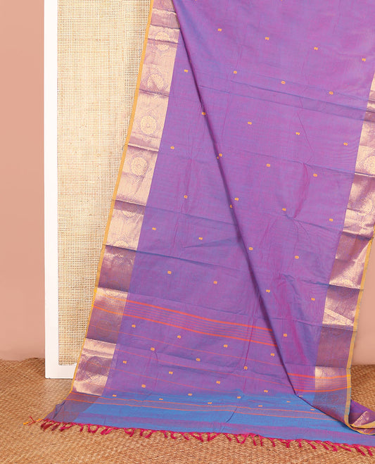 Violet Chettinad Cotton Saree with Thread Buttas All Over Its Body, Complemented by a Contrast Chakram Zari Border, and a Pallu of Buttas