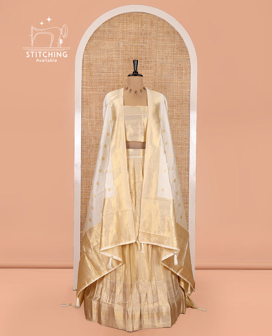 Gold Half-Saree Set Featuring Golden Tissue-Silk Skirt, Traditional Zari Border, Matching Blouse, Semi-Banarasi Dhavani