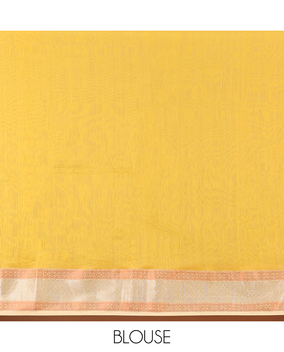 Yellow Maheshwari cotton saree with butterfly buttas, contrast chevron & diamond border & zari striped pallu