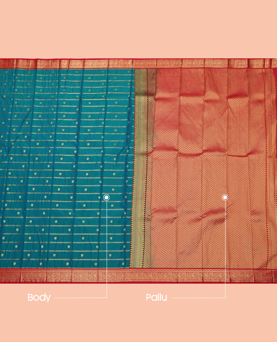 Blue Budget Silk Saree, Accentuated with Zari Buttas and Stripes All Over Its Body, Complemented by a Contrast Traditional Zari Design Border, Grand Jaal Pallu, and Paired with a Contrast Blouse